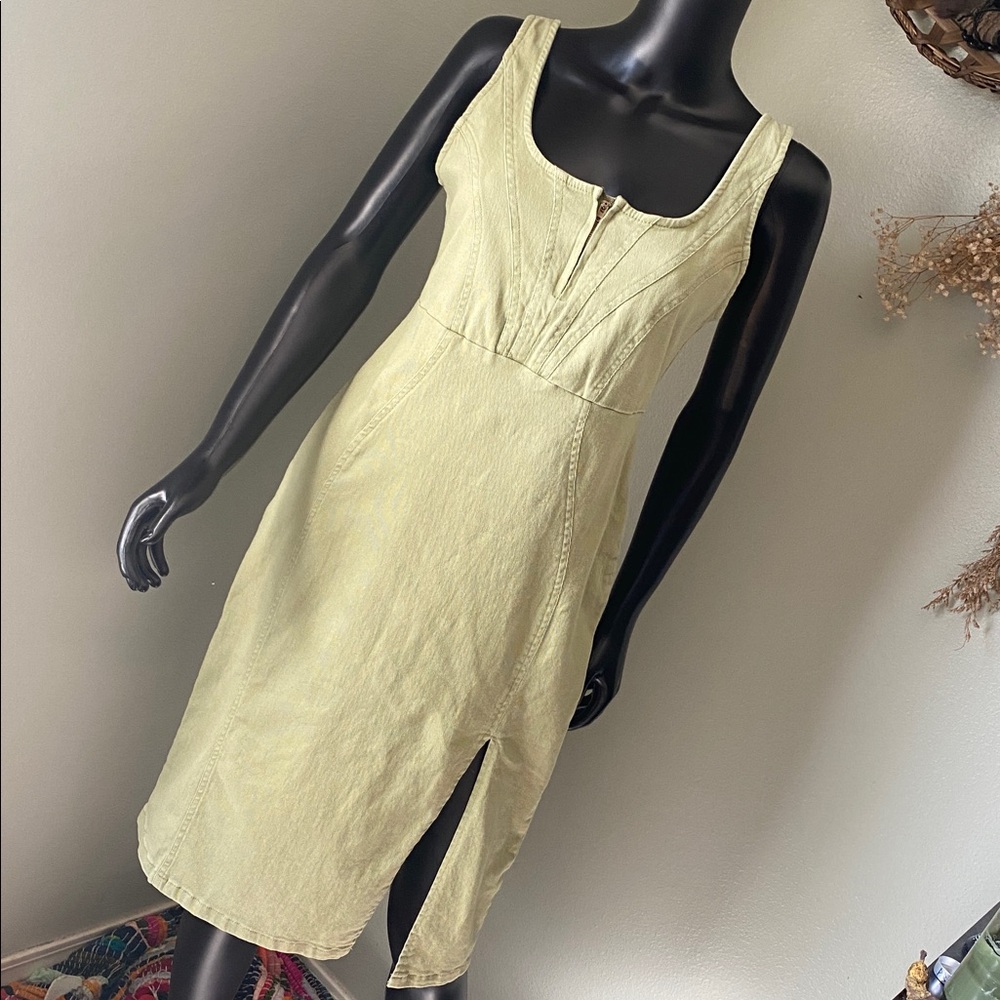 Chic Green Cotton Denim Look Midi Dress